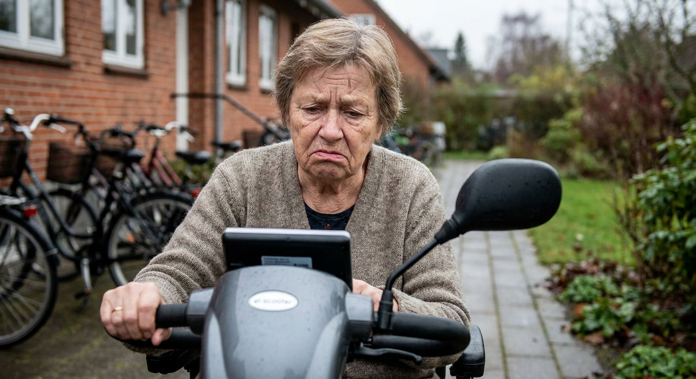 Ældre kvinde på sin el-scooter foran sit hjem, bekymret fordi scooteren ikke virker