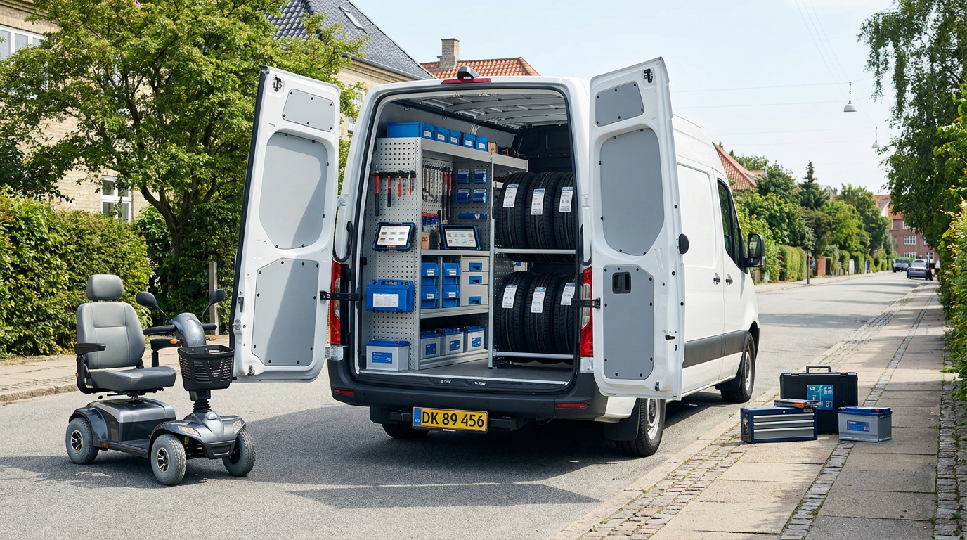 HalleCare's mobile værksted med el-scooter, dæk, batterier og reservedele klar i servicebilen