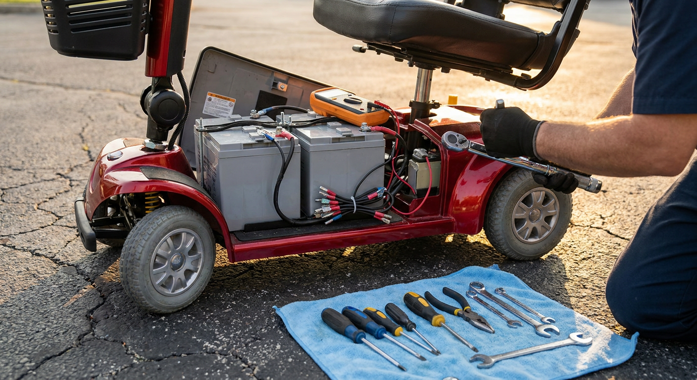 Mekanikerens hænder reparerer batteri og elektronik på en el-scooter med professionelt værktøj